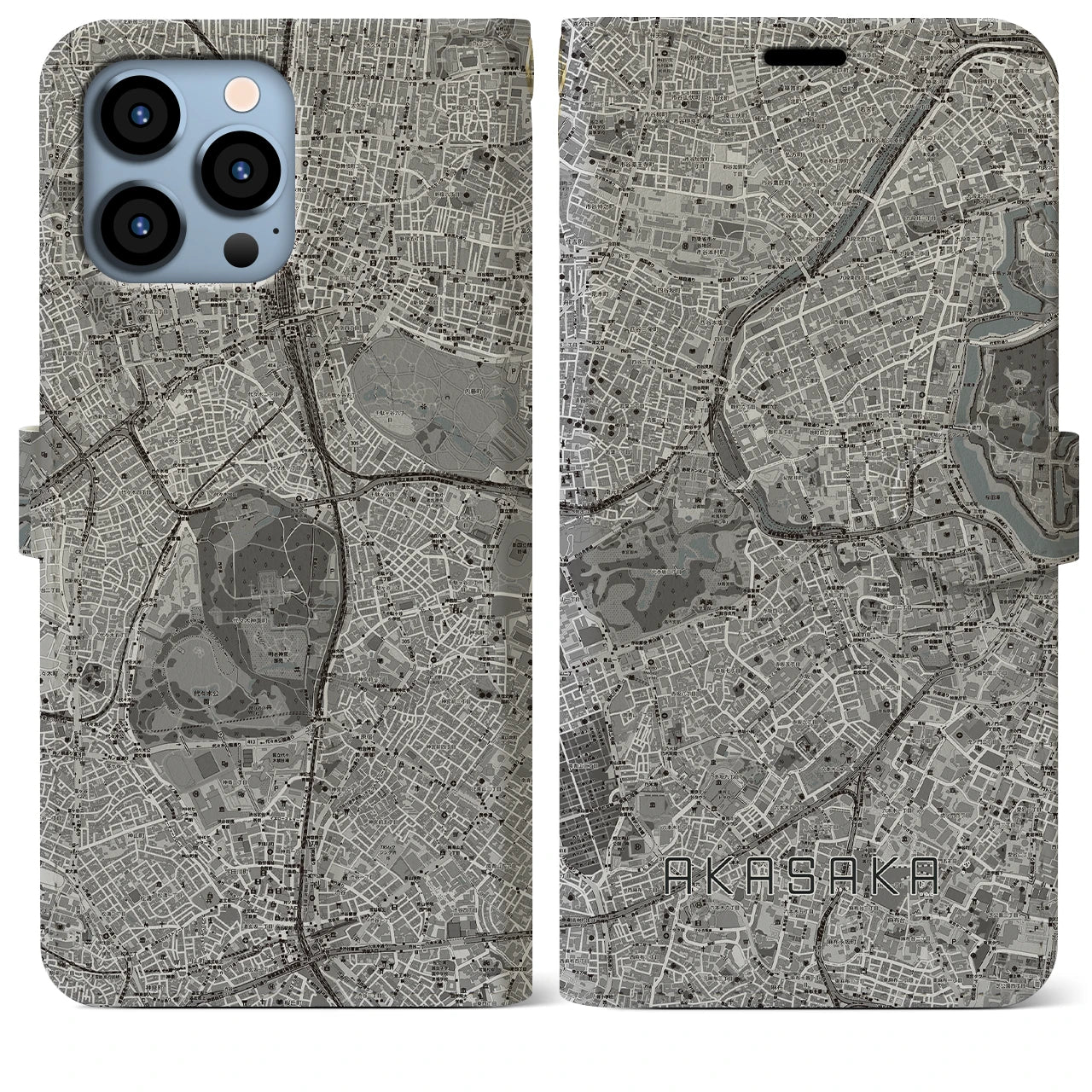 【赤坂】地図柄iPhoneケース（手帳両面タイプ・モノトーン）iPhone 13 Pro Max 用