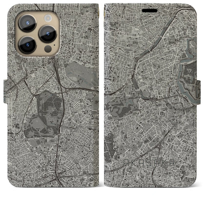 【赤坂（東京都）】地図柄iPhoneケース（手帳タイプ）モノトーン・iPhone 14 Pro Max 用