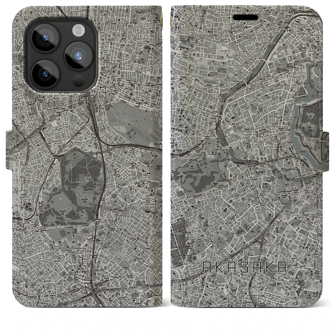【赤坂】地図柄iPhoneケース（手帳両面タイプ・モノトーン）iPhone 15 Pro Max 用