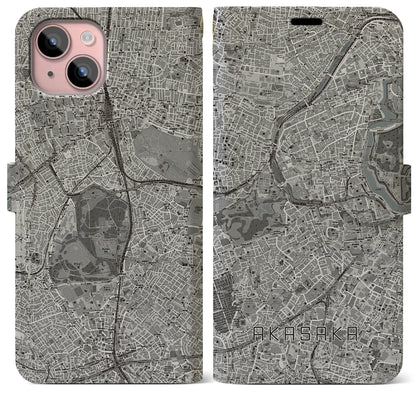 【赤坂（東京都）】地図柄iPhoneケース（手帳タイプ）モノトーン・iPhone 15 Plus 用