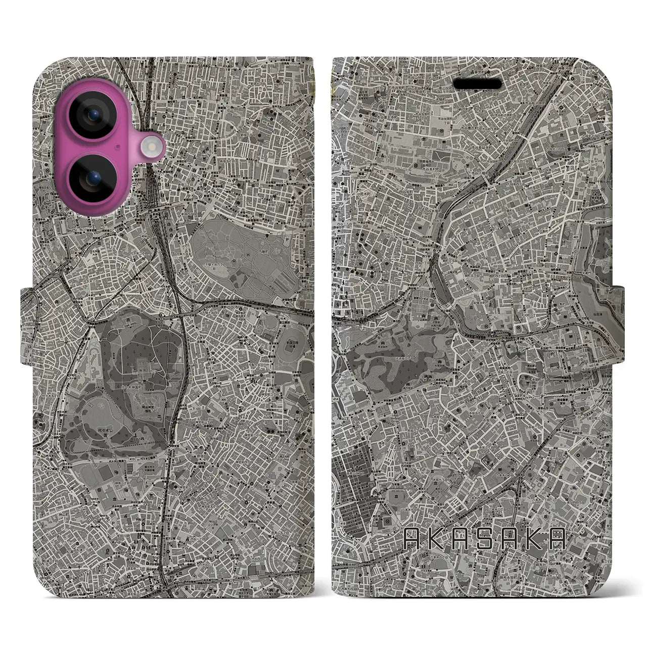 【赤坂（東京都）】地図柄iPhoneケース（手帳タイプ）モノトーン・iPhone 16 Pro 用