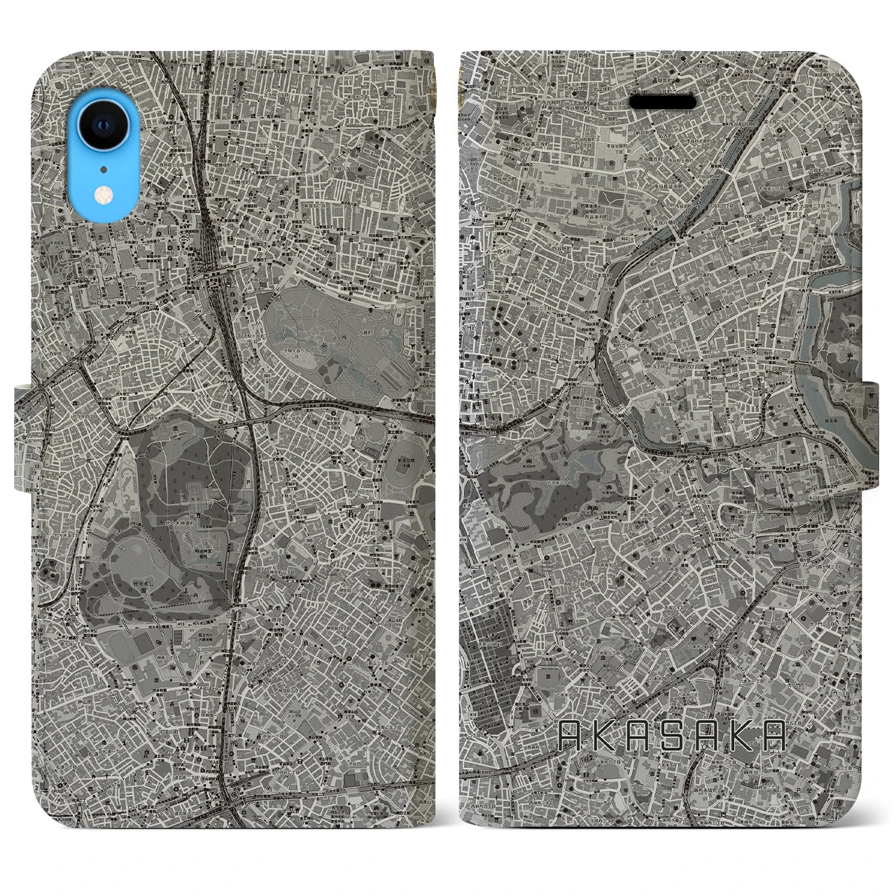 【赤坂】地図柄iPhoneケース（手帳両面タイプ・モノトーン）iPhone XR 用