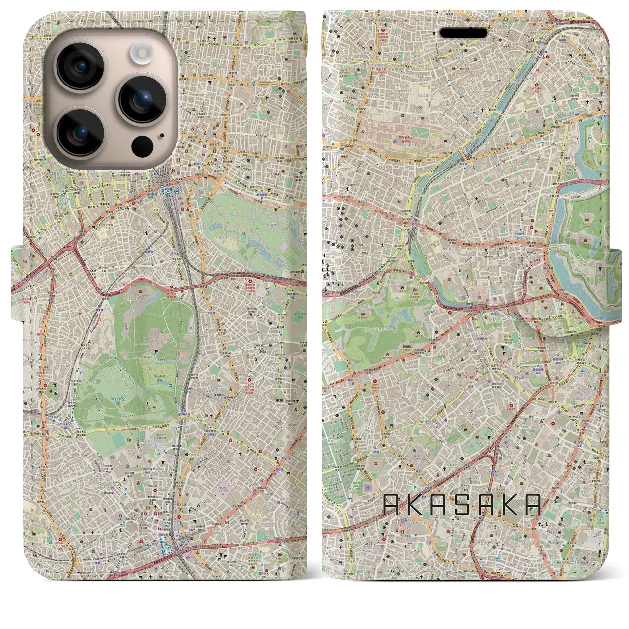 【赤坂（東京都）】地図柄iPhoneケース（手帳タイプ）ナチュラル・iPhone 16 Plus 用