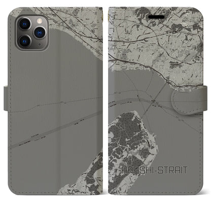 【明石海峡（兵庫県）】地図柄iPhoneケース（手帳タイプ）モノトーン・iPhone 11 Pro Max 用