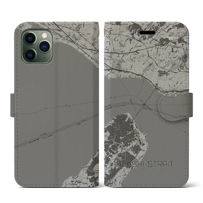 【明石海峡（兵庫県）】地図柄iPhoneケース（手帳タイプ）モノトーン・iPhone 11 Pro 用