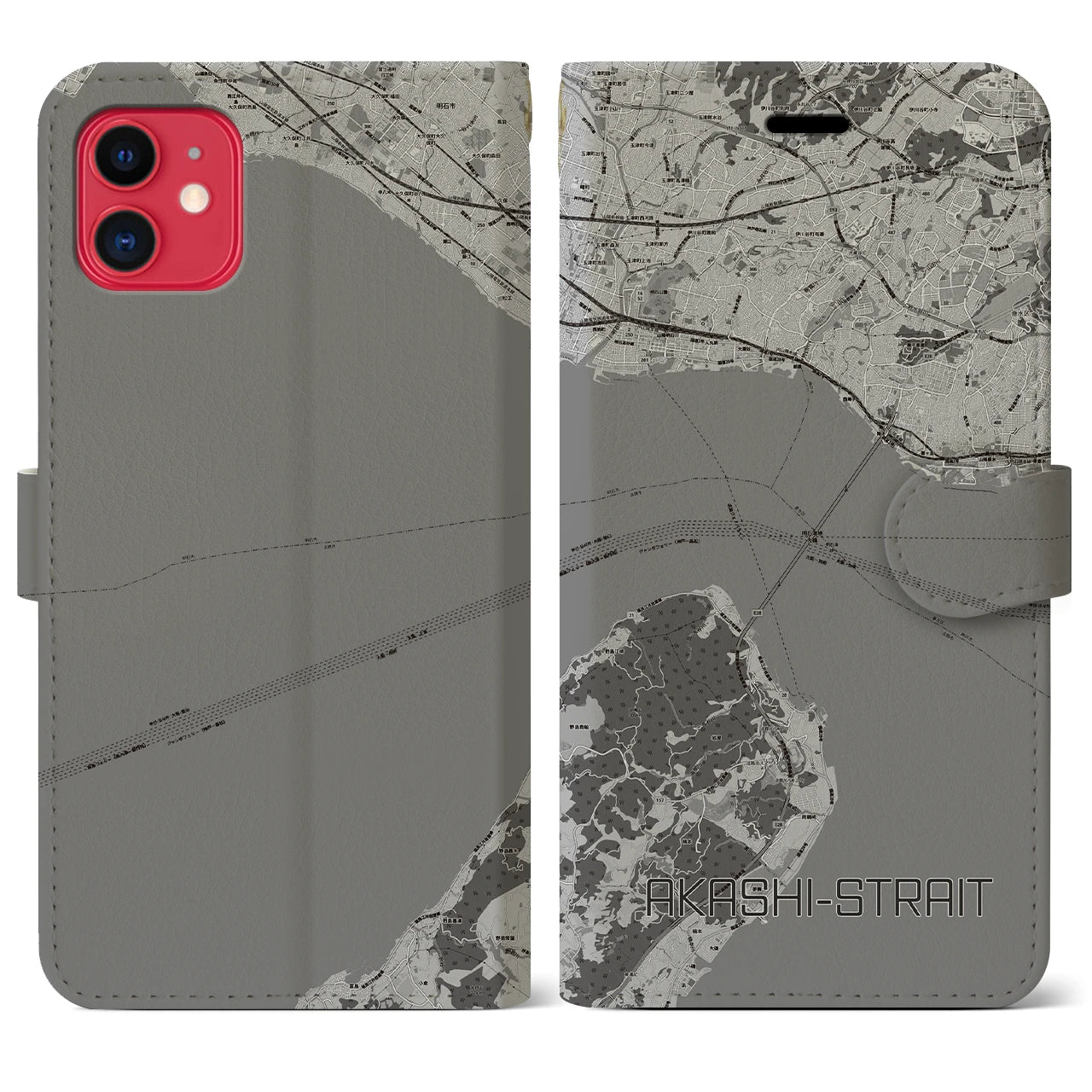 【明石海峡】地図柄iPhoneケース（手帳両面タイプ・モノトーン）iPhone 11 用