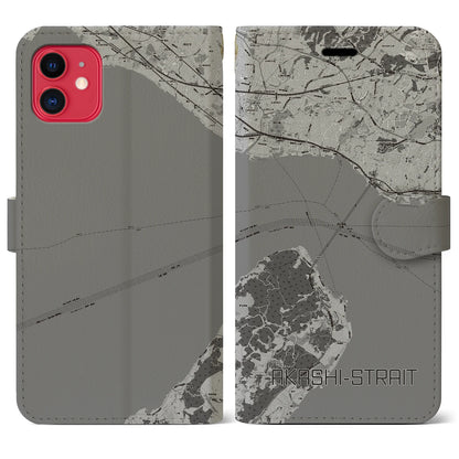 【明石海峡（兵庫県）】地図柄iPhoneケース（手帳タイプ）モノトーン・iPhone 11 用