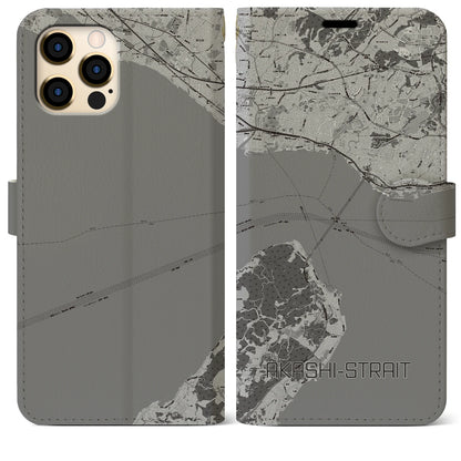 【明石海峡（兵庫県）】地図柄iPhoneケース（手帳タイプ）モノトーン・iPhone 12 Pro Max 用