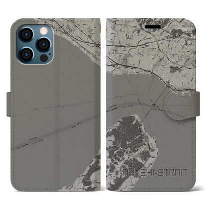 【明石海峡（兵庫県）】地図柄iPhoneケース（手帳タイプ）モノトーン・iPhone 12 / 12 Pro 用
