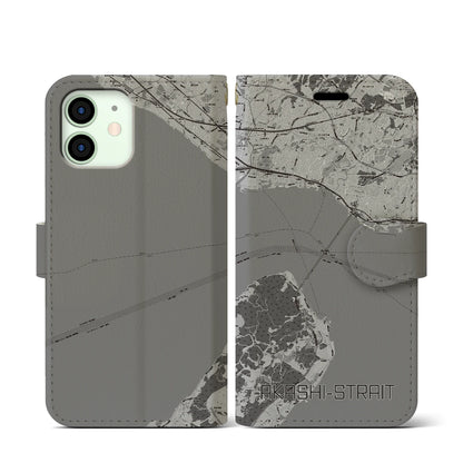 【明石海峡（兵庫県）】地図柄iPhoneケース（手帳タイプ）モノトーン・iPhone 12 mini 用