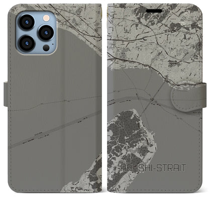 【明石海峡（兵庫県）】地図柄iPhoneケース（手帳タイプ）モノトーン・iPhone 13 Pro Max 用