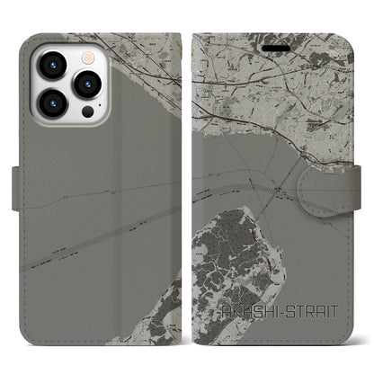 【明石海峡（兵庫県）】地図柄iPhoneケース（手帳タイプ）モノトーン・iPhone 13 Pro 用