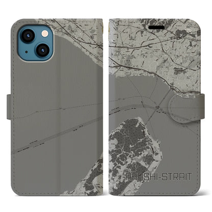 【明石海峡（兵庫県）】地図柄iPhoneケース（手帳タイプ）モノトーン・iPhone 13 用