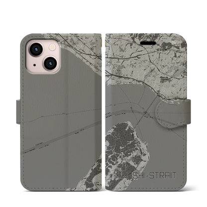 【明石海峡（兵庫県）】地図柄iPhoneケース（手帳タイプ）モノトーン・iPhone 13 mini 用