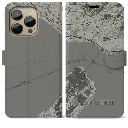 【明石海峡（兵庫県）】地図柄iPhoneケース（手帳タイプ）モノトーン・iPhone 14 Pro Max 用