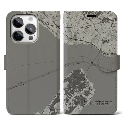 【明石海峡（兵庫県）】地図柄iPhoneケース（手帳タイプ）モノトーン・iPhone 14 Pro 用