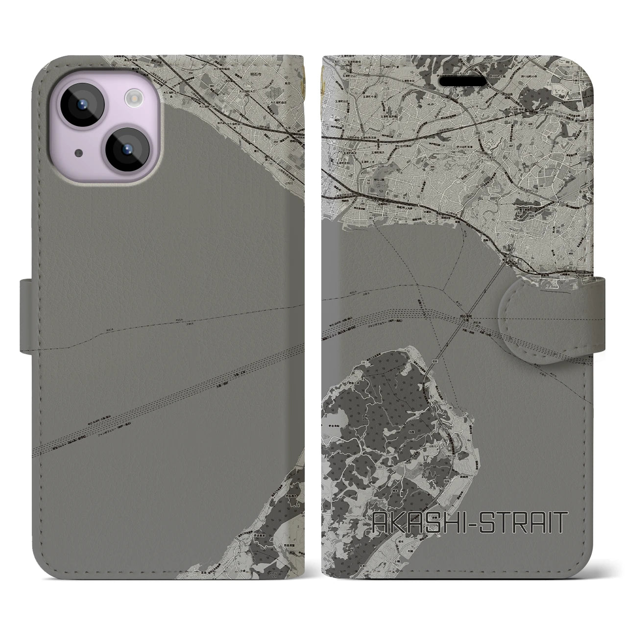 【明石海峡】地図柄iPhoneケース（手帳両面タイプ・モノトーン）iPhone 14 用