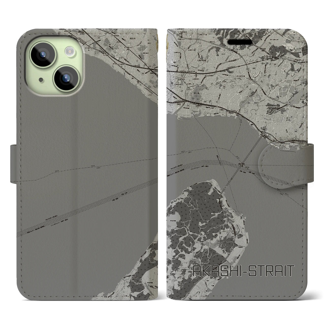 【明石海峡】地図柄iPhoneケース（手帳両面タイプ・モノトーン）iPhone 15 用