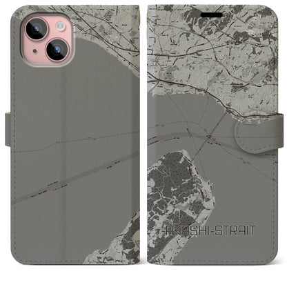 【明石海峡（兵庫県）】地図柄iPhoneケース（手帳タイプ）モノトーン・iPhone 15 Plus 用