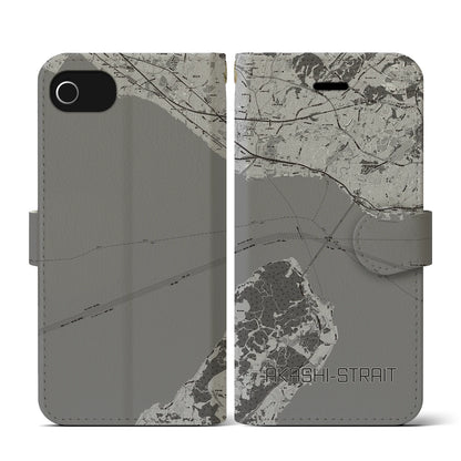 【明石海峡（兵庫県）】地図柄iPhoneケース（手帳タイプ）モノトーン・iPhone SE（第3 / 第2世代） / 8 / 7 / 6s / 6 用