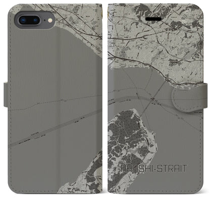 【明石海峡（兵庫県）】地図柄iPhoneケース（手帳タイプ）モノトーン・iPhone 8Plus /7Plus / 6sPlus / 6Plus 用