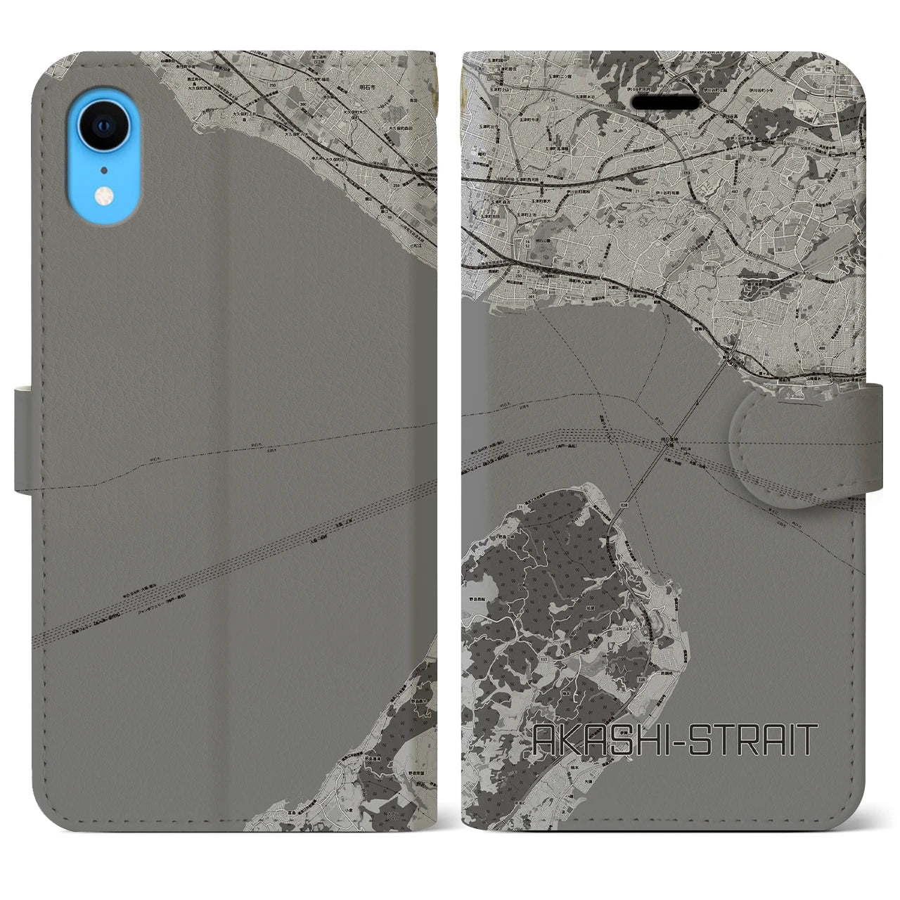 【明石海峡】地図柄iPhoneケース（手帳両面タイプ・モノトーン）iPhone XR 用