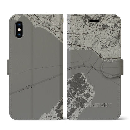 【明石海峡（兵庫県）】地図柄iPhoneケース（手帳タイプ）モノトーン・iPhone XS / X 用