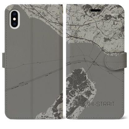 【明石海峡（兵庫県）】地図柄iPhoneケース（手帳タイプ）モノトーン・iPhone XS Max 用