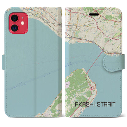 【明石海峡（兵庫県）】地図柄iPhoneケース（手帳タイプ）ナチュラル・iPhone 11 用