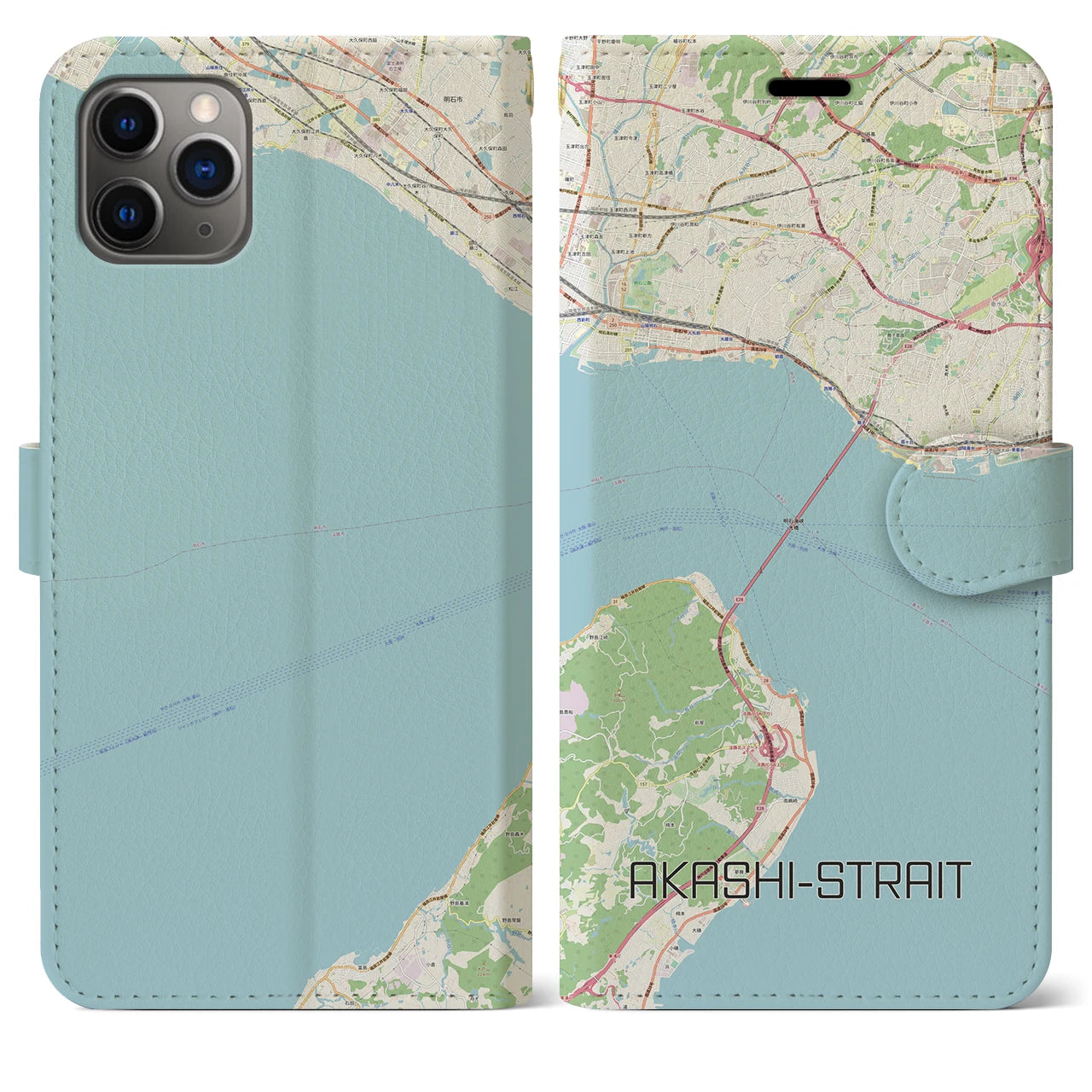 【明石海峡】地図柄iPhoneケース（手帳両面タイプ・ナチュラル）iPhone 11 Pro Max 用