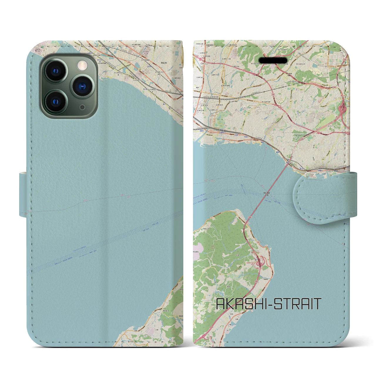 【明石海峡】地図柄iPhoneケース（手帳両面タイプ・ナチュラル）iPhone 11 Pro 用
