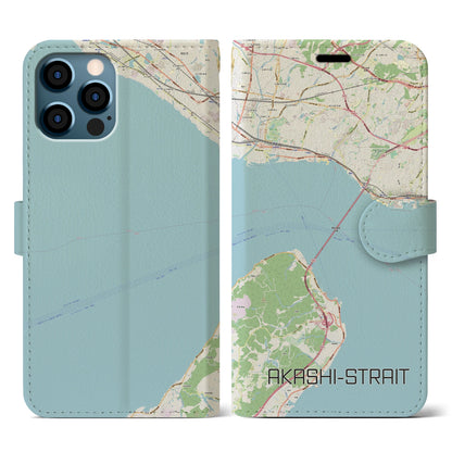 【明石海峡（兵庫県）】地図柄iPhoneケース（手帳タイプ）ナチュラル・iPhone 12 / 12 Pro 用