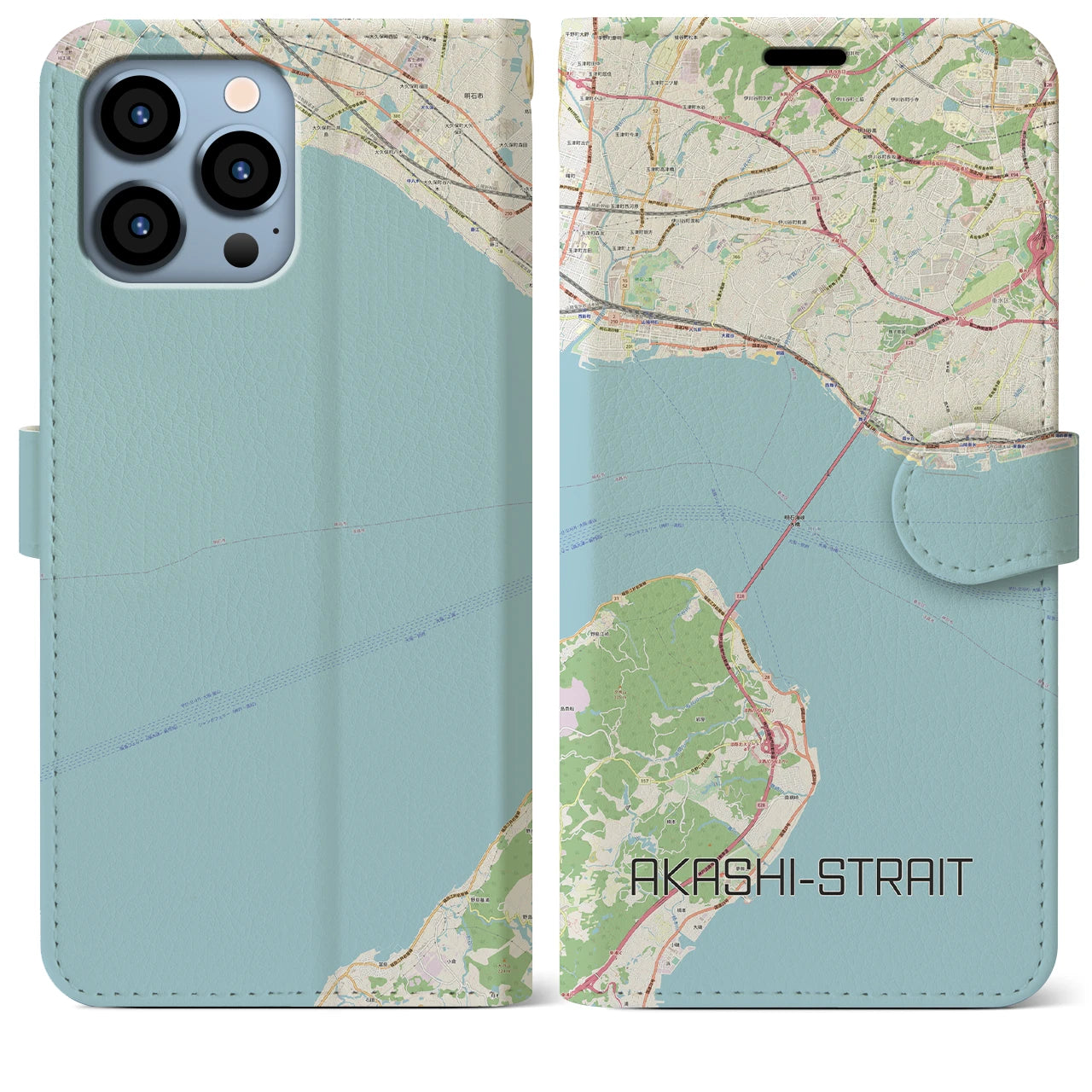 【明石海峡】地図柄iPhoneケース（手帳両面タイプ・ナチュラル）iPhone 13 Pro Max 用