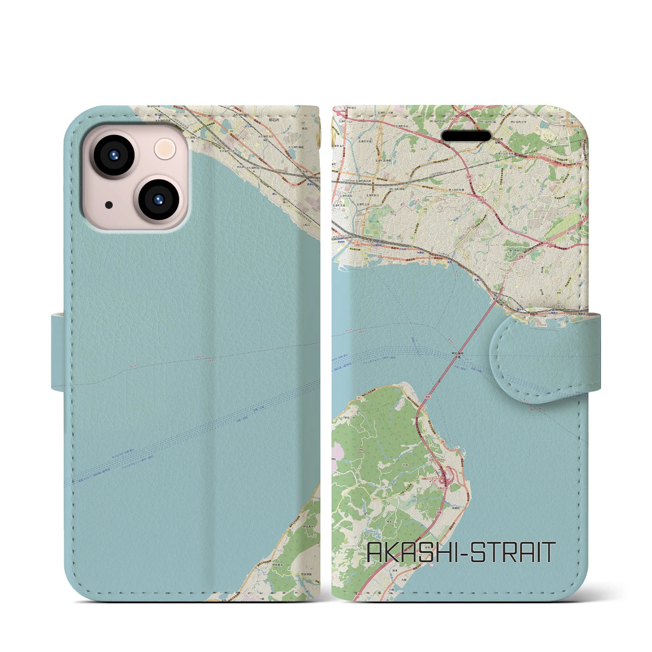 【明石海峡】地図柄iPhoneケース（手帳両面タイプ・ナチュラル）iPhone 13 mini 用