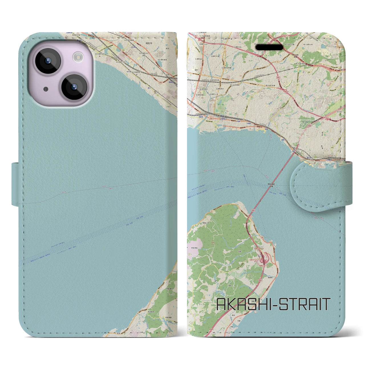 【明石海峡】地図柄iPhoneケース（手帳両面タイプ・ナチュラル）iPhone 14 用