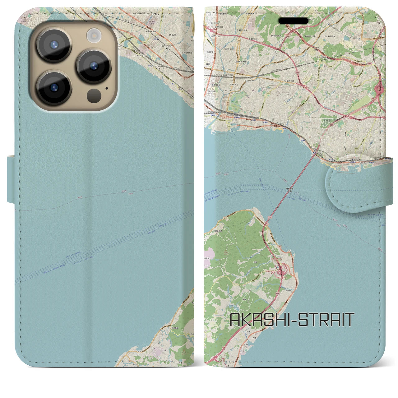 【明石海峡】地図柄iPhoneケース（手帳両面タイプ・ナチュラル）iPhone 14 Pro Max 用