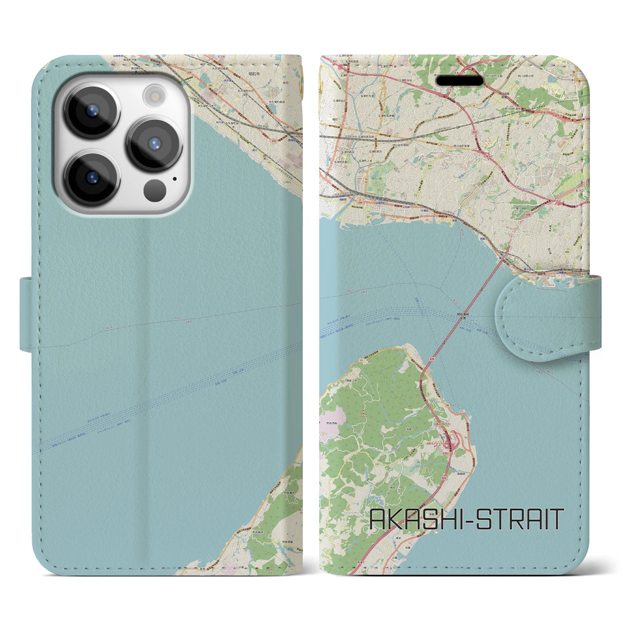 【明石海峡】地図柄iPhoneケース（手帳両面タイプ・ナチュラル）iPhone 14 Pro 用