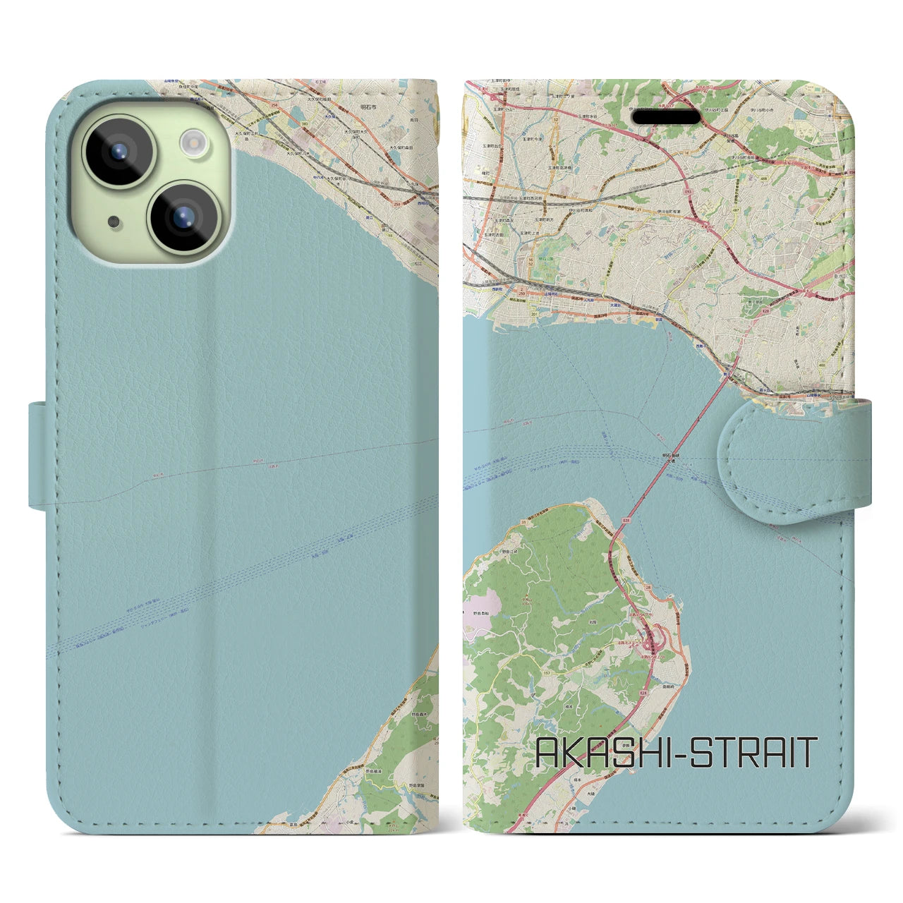 【明石海峡】地図柄iPhoneケース（手帳両面タイプ・ナチュラル）iPhone 15 用