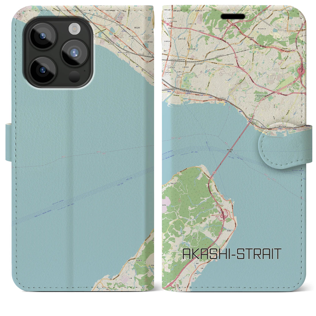 【明石海峡】地図柄iPhoneケース（手帳両面タイプ・ナチュラル）iPhone 15 Pro Max 用