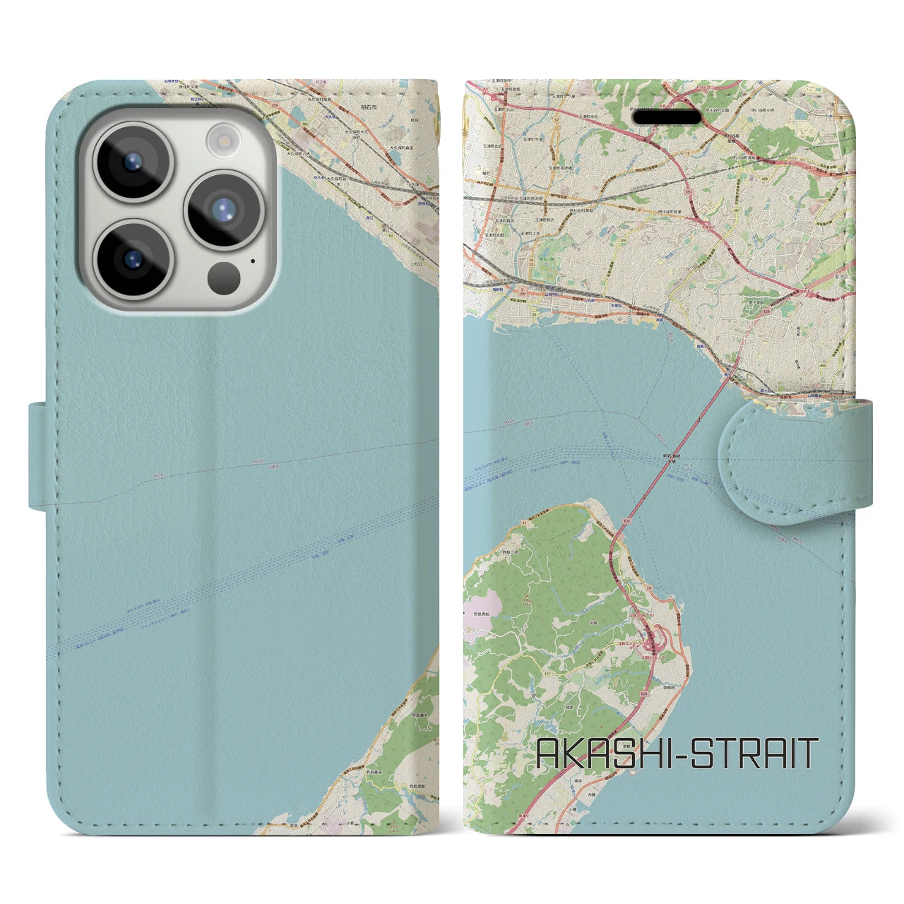 【明石海峡】地図柄iPhoneケース（手帳両面タイプ・ナチュラル）iPhone 15 Pro 用