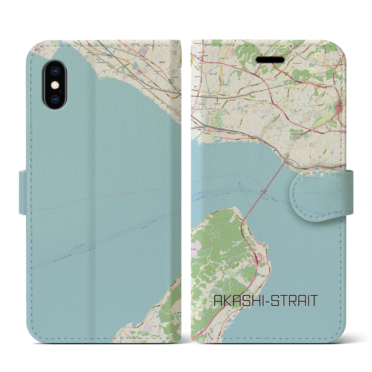 【明石海峡】地図柄iPhoneケース（手帳両面タイプ・ナチュラル）iPhone XS / X 用