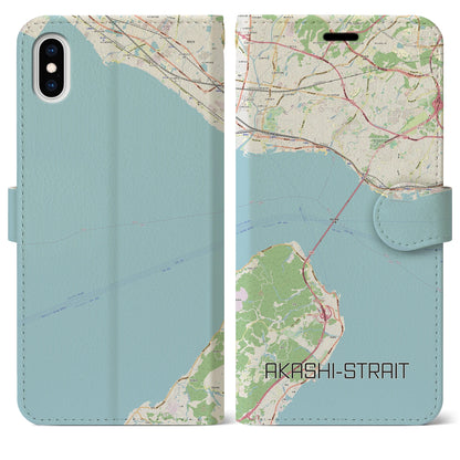 【明石海峡（兵庫県）】地図柄iPhoneケース（手帳タイプ）ナチュラル・iPhone XS Max 用