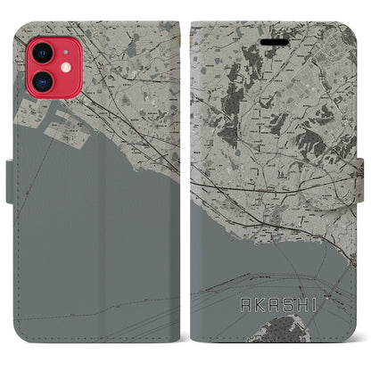 【明石（兵庫県）】地図柄iPhoneケース（手帳タイプ）モノトーン・iPhone 11 用