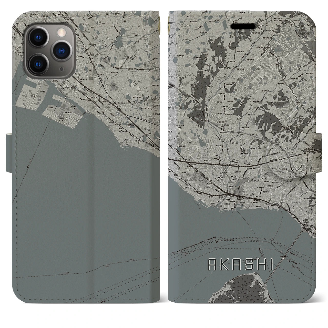 【明石】地図柄iPhoneケース（手帳両面タイプ・モノトーン）iPhone 11 Pro Max 用