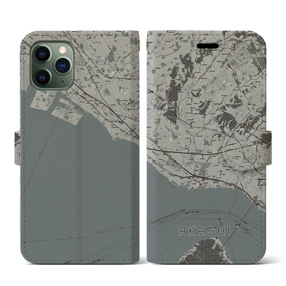 【明石（兵庫県）】地図柄iPhoneケース（手帳タイプ）モノトーン・iPhone 11 Pro 用
