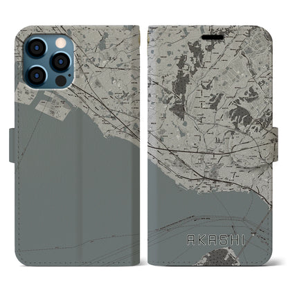 【明石（兵庫県）】地図柄iPhoneケース（手帳タイプ）モノトーン・iPhone 12 / 12 Pro 用