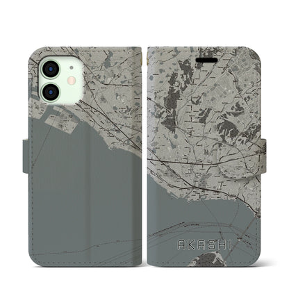 【明石（兵庫県）】地図柄iPhoneケース（手帳タイプ）モノトーン・iPhone 12 mini 用