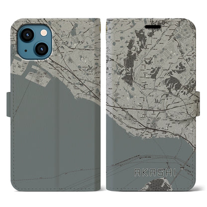 【明石（兵庫県）】地図柄iPhoneケース（手帳タイプ）モノトーン・iPhone 13 用