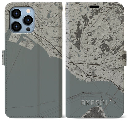 【明石（兵庫県）】地図柄iPhoneケース（手帳タイプ）モノトーン・iPhone 13 Pro Max 用