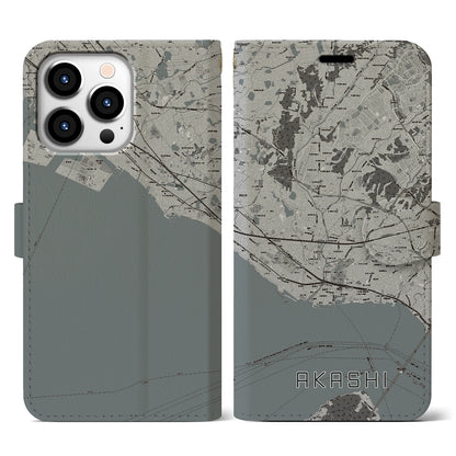 【明石（兵庫県）】地図柄iPhoneケース（手帳タイプ）モノトーン・iPhone 13 Pro 用